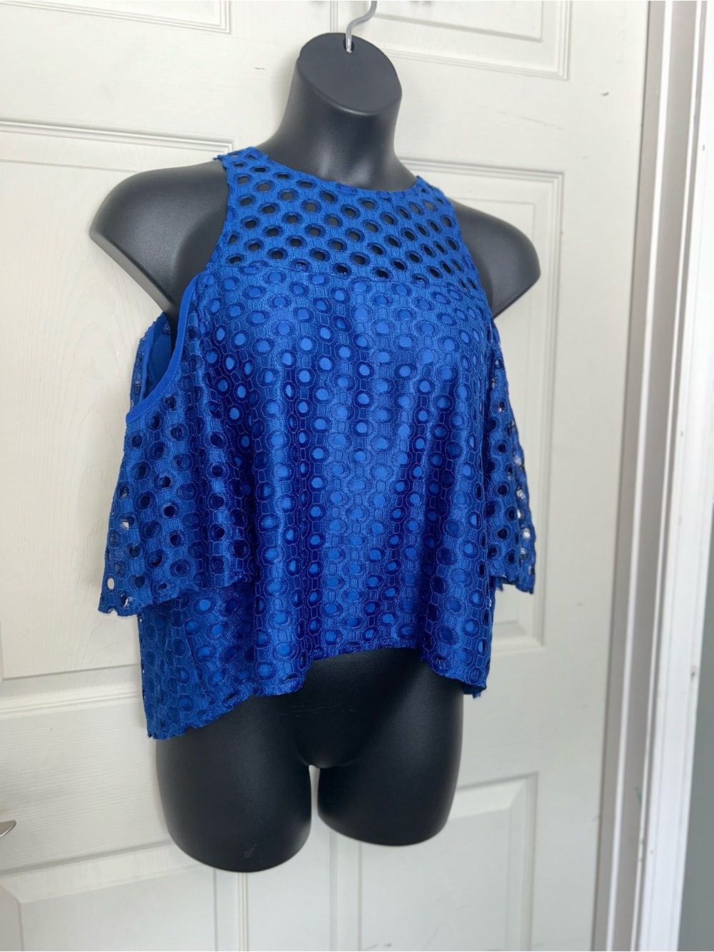Cold-Shoulder Eyelet Halter Top in Royal Blue